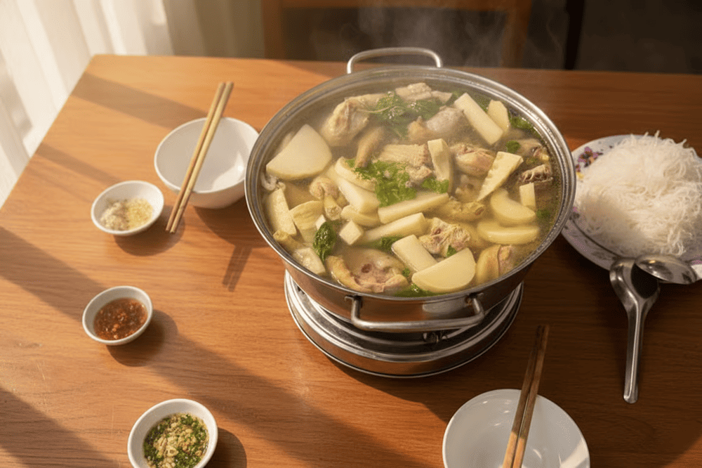 Nồi lẩu g&agrave; l&aacute; &eacute; n&oacute;ng hổi tỏa hương thơm ng&aacute;t, chuẩn bị cho một bữa ăn đầy hấp dẫn